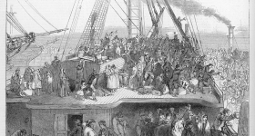 An 1850 illustration depicts Irish immigrants sailing to the U.S. on an overcrowded ship during the potato famine. 