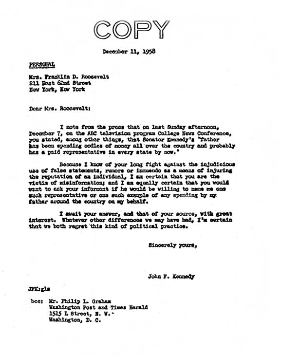 Image of letter by John F. Kennedy to Eleanor Roosevelt 1
