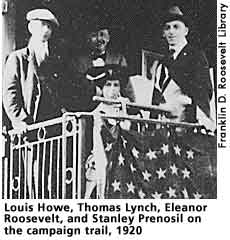 [picture: Louis Howe, T. Lynch, ER and S. Prenosil on 1920 campaign trail.]