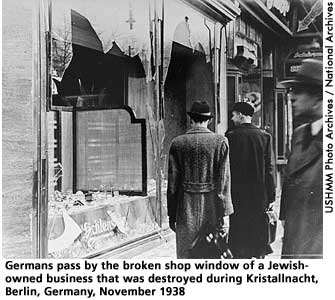 [picture: broken shop window of Jewish-owned business, Kristallnact, Berlin 1938]  