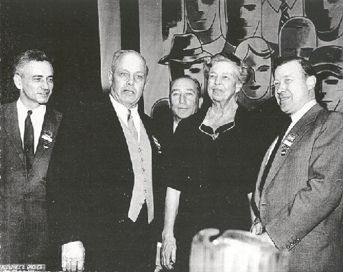 ER addresses the merger of the AFL and CIO, 1956. (L-R) James Carey, George Meany, DK, ER, and Walter Reuther.