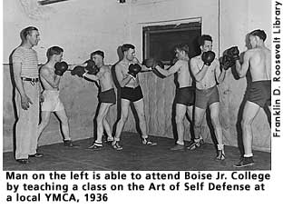 [picture: a class on the Art of Self Defense at a local YMCA, 1936]