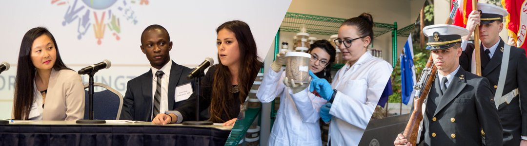 students in a panel; students in a lab; flag bearer