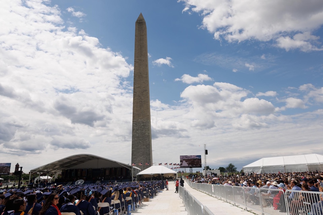 2025 GW commencement on the National Mall with the Washington Monument in the background