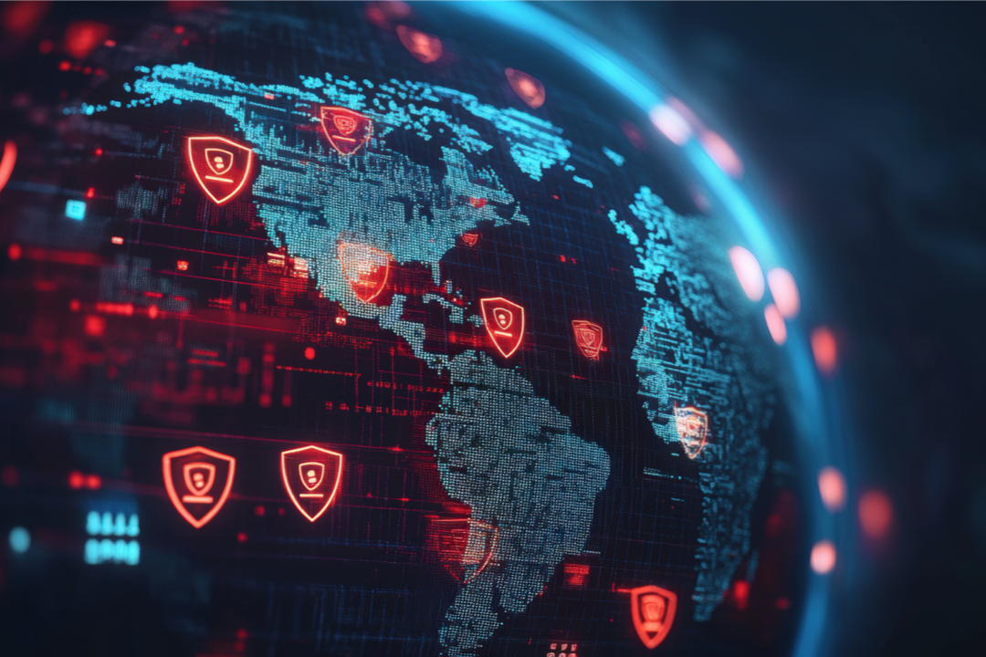 Illustration of a globe covered in code and security icons