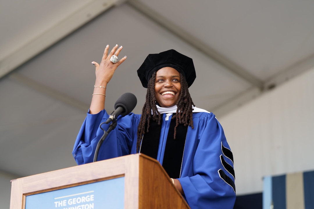 Jonquel Jones addresses the class of 2025 at Commencement on the National Mall