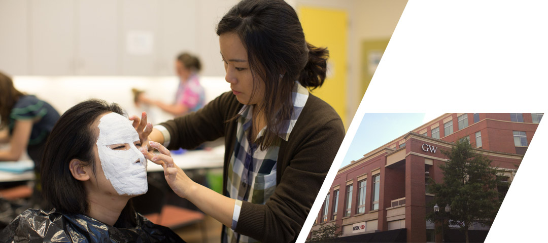 A woman puts paper mache masks material on another person's face