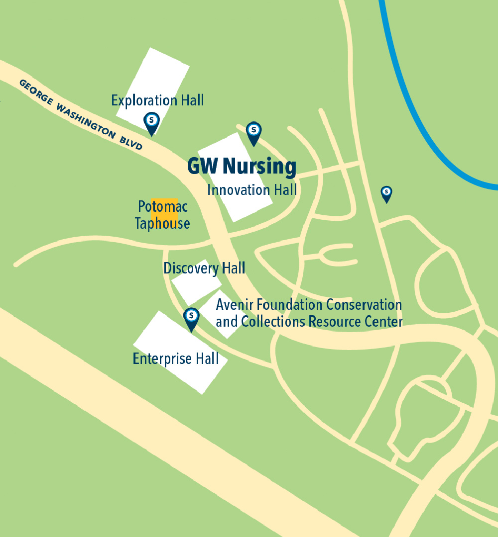Snapshot of the Virginia Science and Technology Campus map featuring Exploration Hall, Innovation Hall, Discovery Hall, Avenir Foundation, and Enterprise Hall