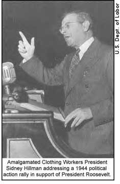 [picture: Sidney Hillman addressing political rally in support of FDR, 1943]